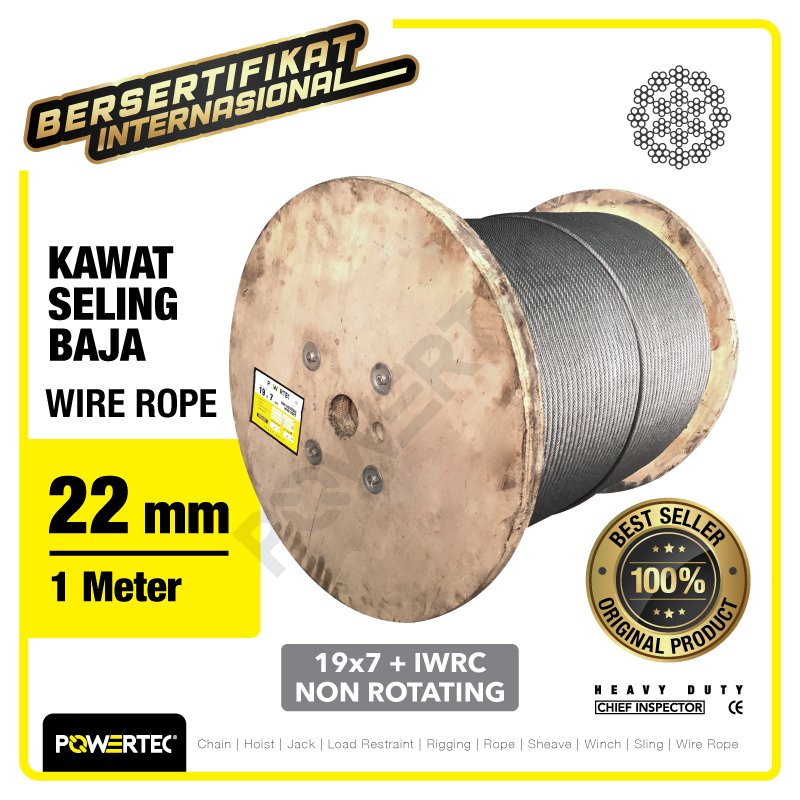 Wire Rope / Kawat Seling Baja 19×7 IWRC 22mm NR POWERTEC – 1 Meter