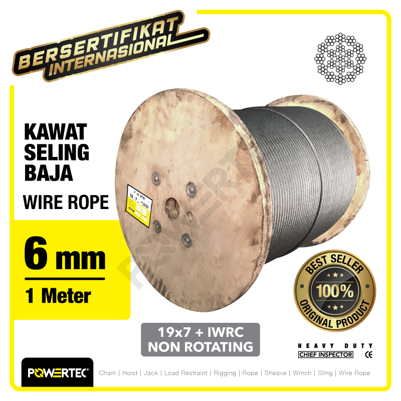 Wire Rope / Kawat Seling Baja 19×7 IWRC 6mm NR POWERTEC – 1 Meter