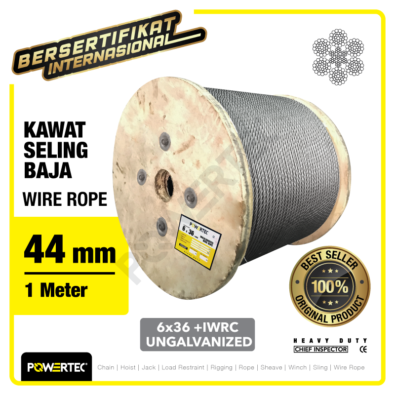 Wire Rope / Kawat Seling Baja 6×36 IWRC 44mm Ungalv POWERTEC – 1 Meter