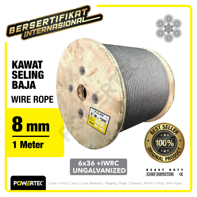 Wire Rope / Kawat Seling Baja 6×36 IWRC 8mm Ungalv POWERTEC – 1 Meter