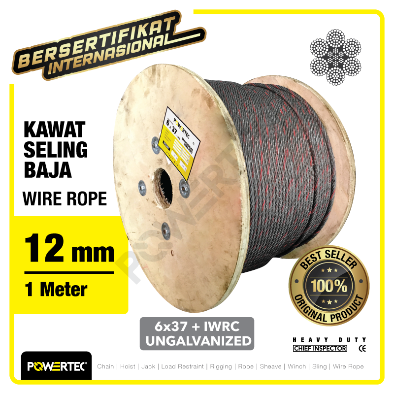 Wire Rope / Kawat Seling Baja 6×37 IWRC 12mm Ungalv POWERTEC – 1 Meter