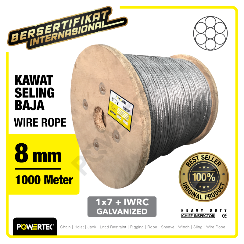 Wire Rope / Kawat Seling Baja 1×7 8mm Galv POWERTEC – 1000m