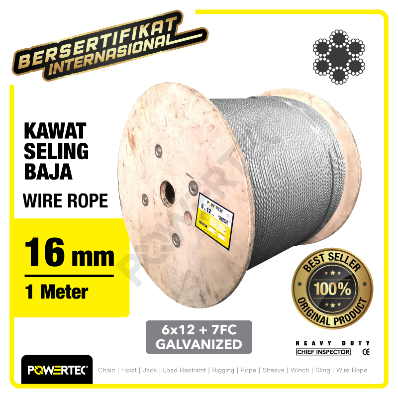 Wire Rope / Kawat Seling Baja 6×12 7FC 16mm Galv POWERTEC – 1 Meter