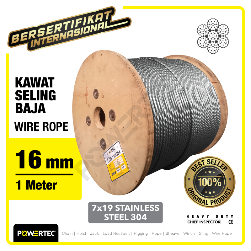 Wire Rope / Kawat Seling Baja 7×19 SS 304 16mm POWERTEC – 1 Meter