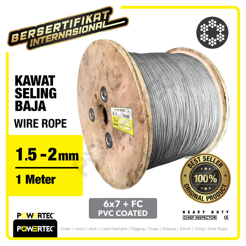 Wire Rope / Kawat Seling Baja 6×7 FC PVC 1.5mm – 2mm POWERTEC – 1 Mtr