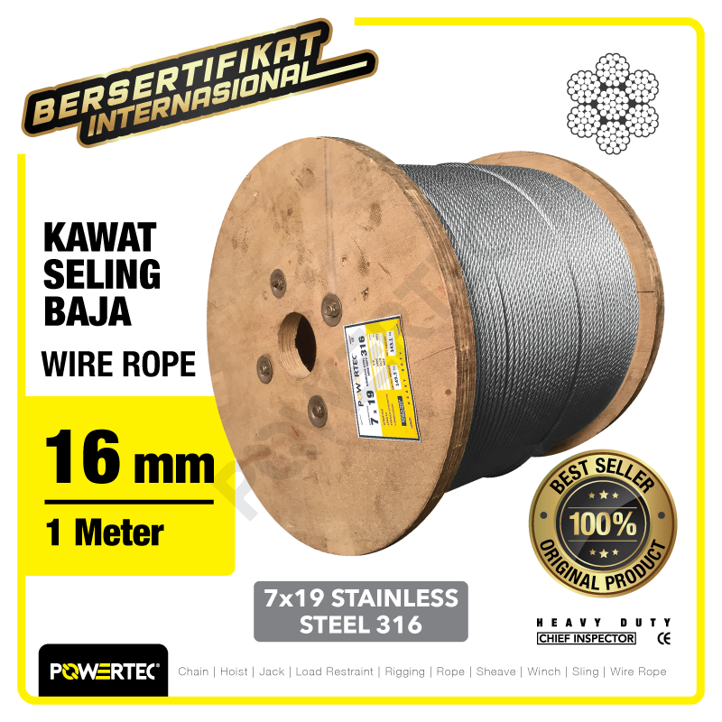 Wire Rope / Kawat Seling Baja 7×19 SS 316 16mm POWERTEC – 1 Meter