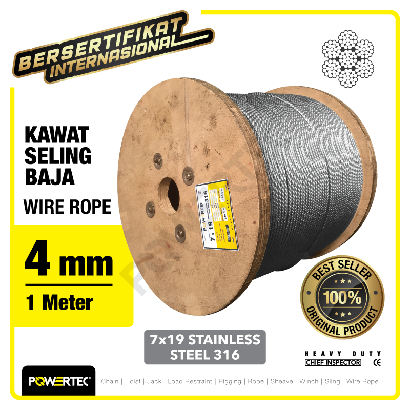 Wire Rope / Kawat Seling Baja 7×19 SS 316 4mm POWERTEC – 1 Meter