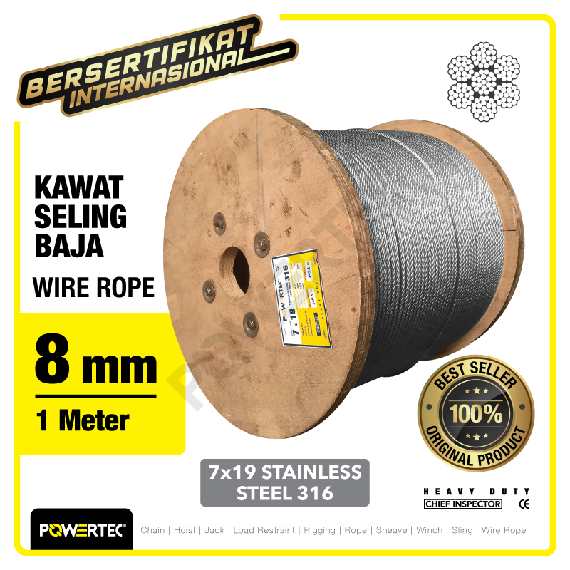 Wire Rope / Kawat Seling Baja 7×19 SS 316 8mm POWERTEC – 1 Meter
