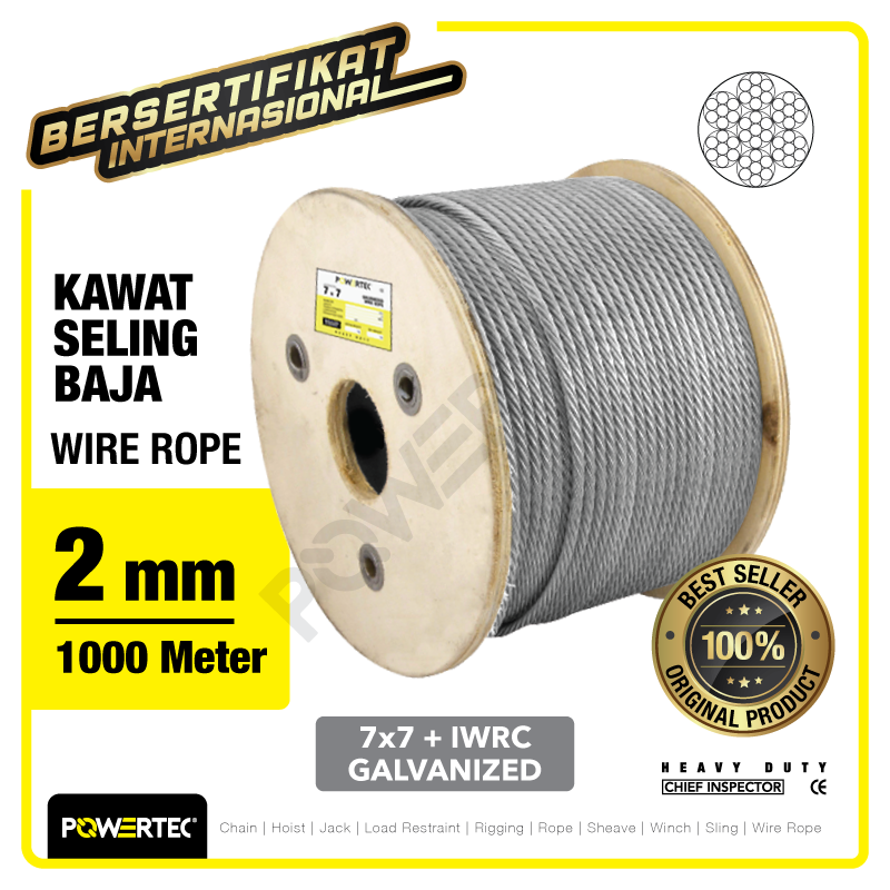 Wire Rope / Kawat Seling Baja 7×7 IWRC 2mm Galv POWERTEC – 1000m