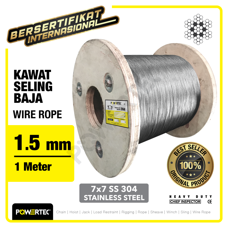 Wire Rope / Kawat Seling Baja 7×7 SS 304 1.5mm POWERTEC – 1 Meter