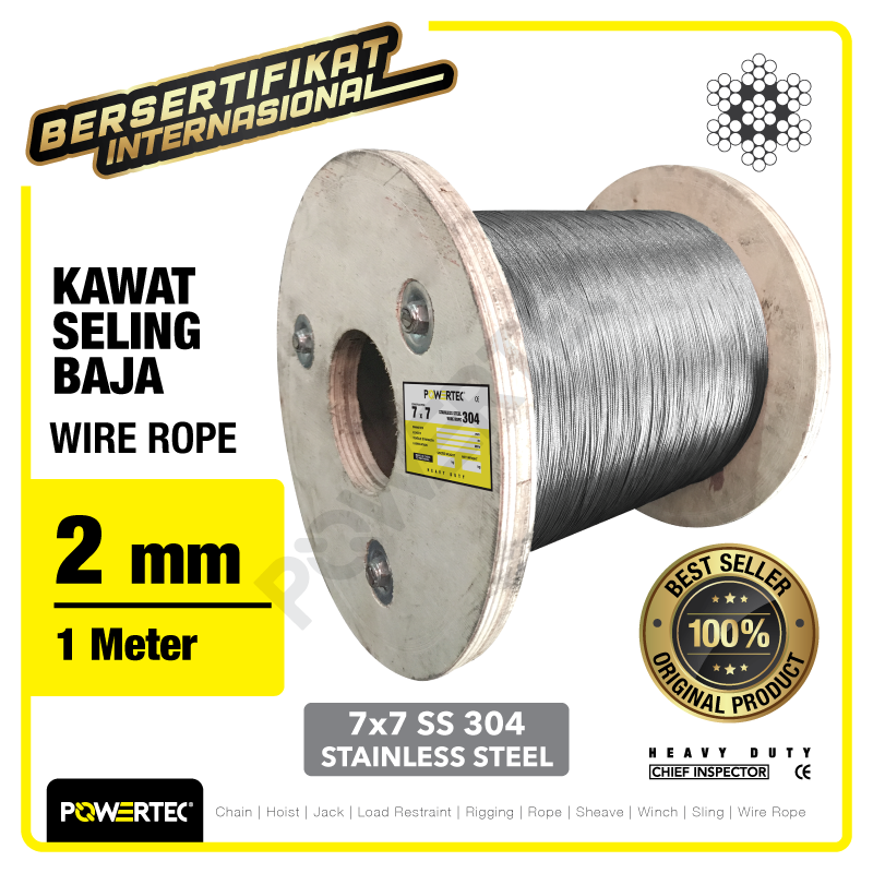 Wire Rope / Kawat Seling Baja 7×7 SS 304 2mm POWERTEC – 1 Meter