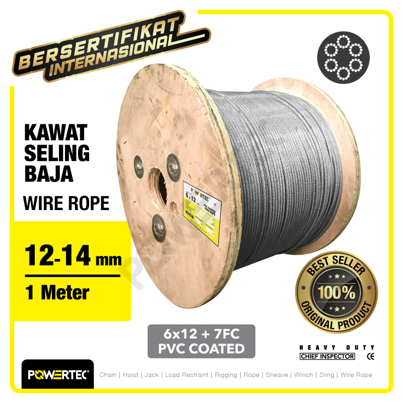 Wire Rope / Kawat Seling Baja 6×12 7FC PVC 12-14mm POWERTEC – 1 Meter