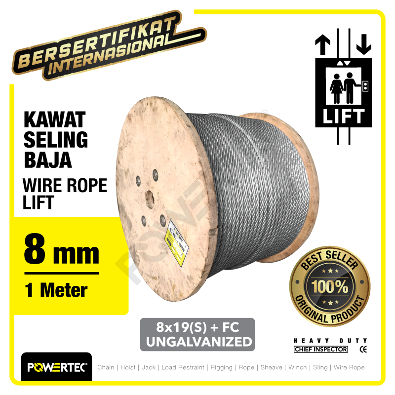 Wire Rope / Kawat Seling LIFT 8×19(S) FC 8mm Ungalv POWERTEC – 1 Mtr