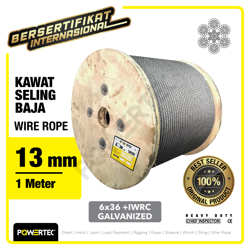 Wire Rope / Kawat Seling Baja 6×36 IWRC 13mm Galv POWERTEC – 1 Meter
