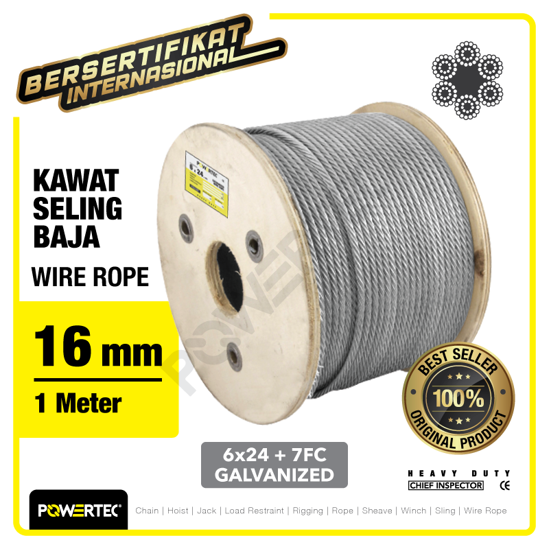 Wire Rope / Kawat Seling Baja 6×24 7FC 16mm Galv POWERTEC – 1 Meter