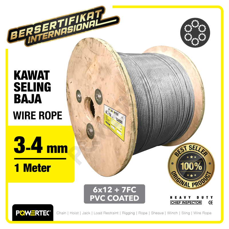 Wire Rope / Kawat Seling Baja 6×12 7FC PVC 3-4mm POWERTEC – 1 Meter