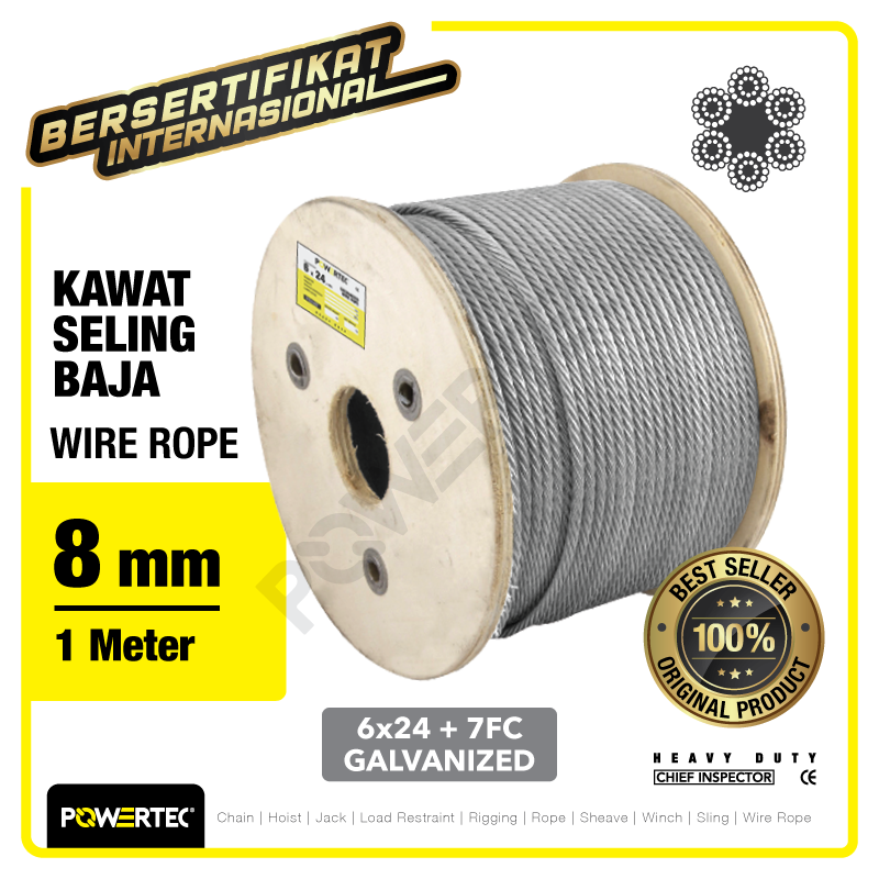 Wire Rope / Kawat Seling Baja 6×24 7FC 8mm Galv POWERTEC – 1 Meter