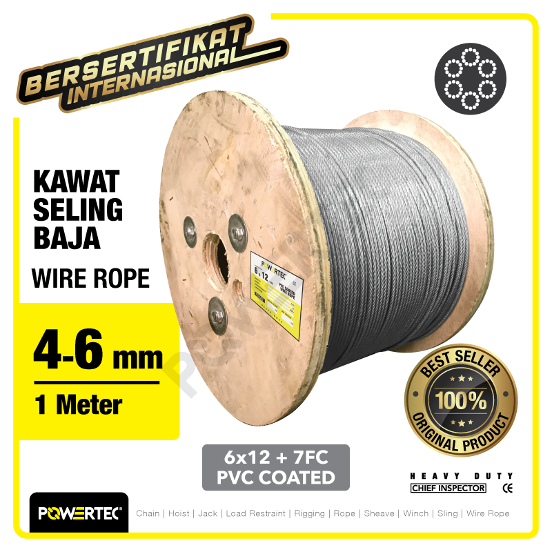 Wire Rope / Kawat Seling Baja 6×12 7FC PVC 4-6mm POWERTEC – 1 Meter
