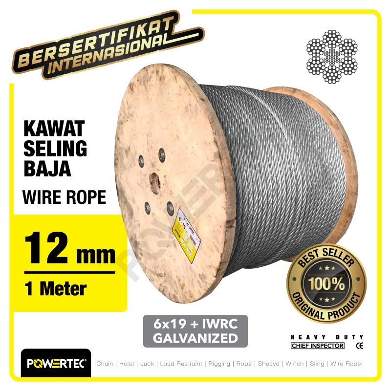 Wire Rope / Kawat Seling Baja 6×19 IWRC 12mm Galv POWERTEC – 1 Meter