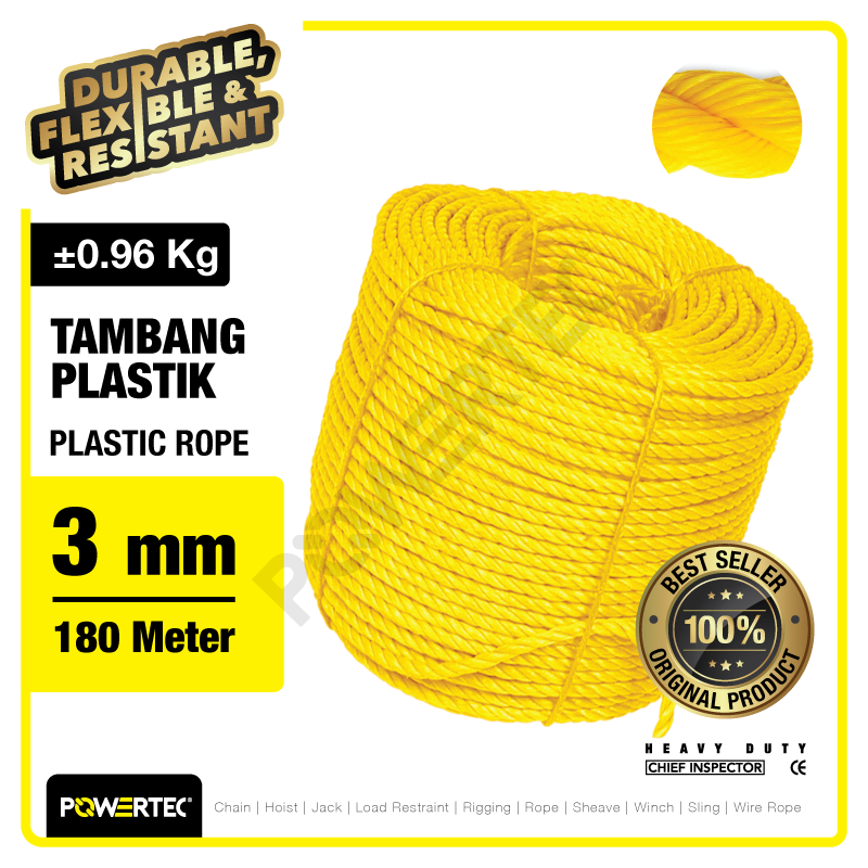 Tali Tambang Plastik 3mm x 180m Plastic Rope POWERTEC – Kuning