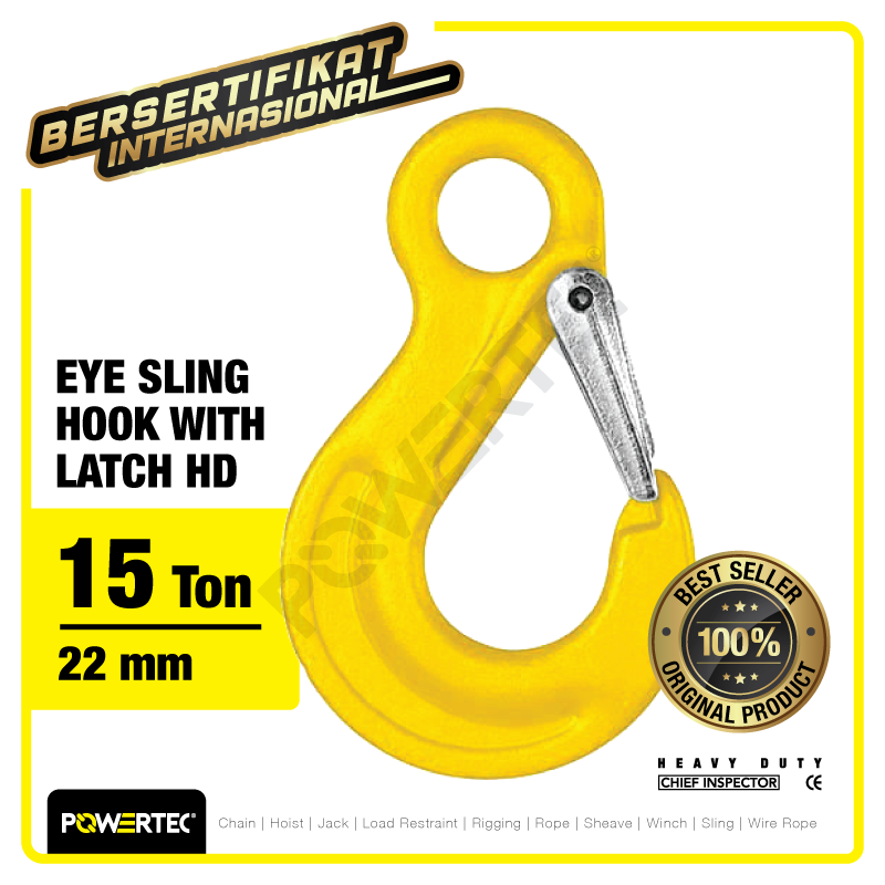 Eye Sling Hook with Latch HD 22mm – 15 Ton POWERTEC
